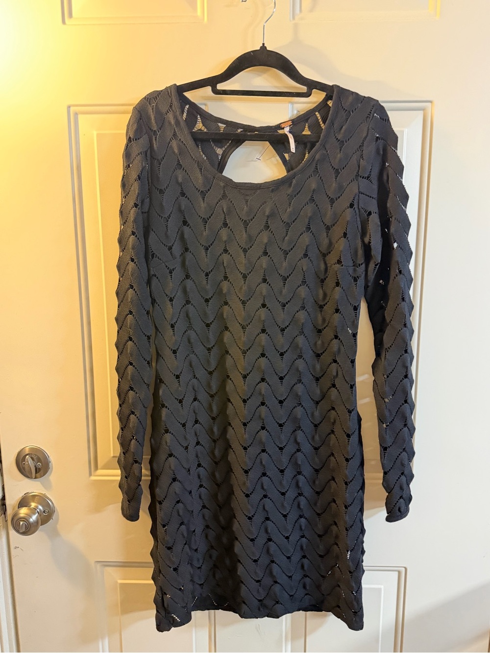 Free People Black Open Knit Mini Dress Medium Boho Festival Dress